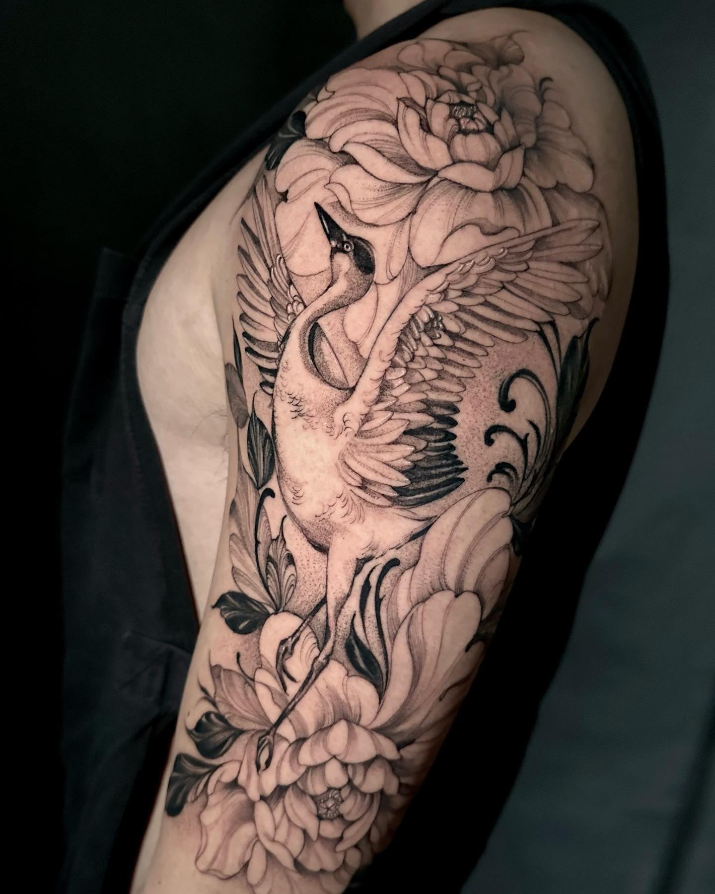 Black and gray crane peony half sleeve by Dani G at Beach Park Tattoo