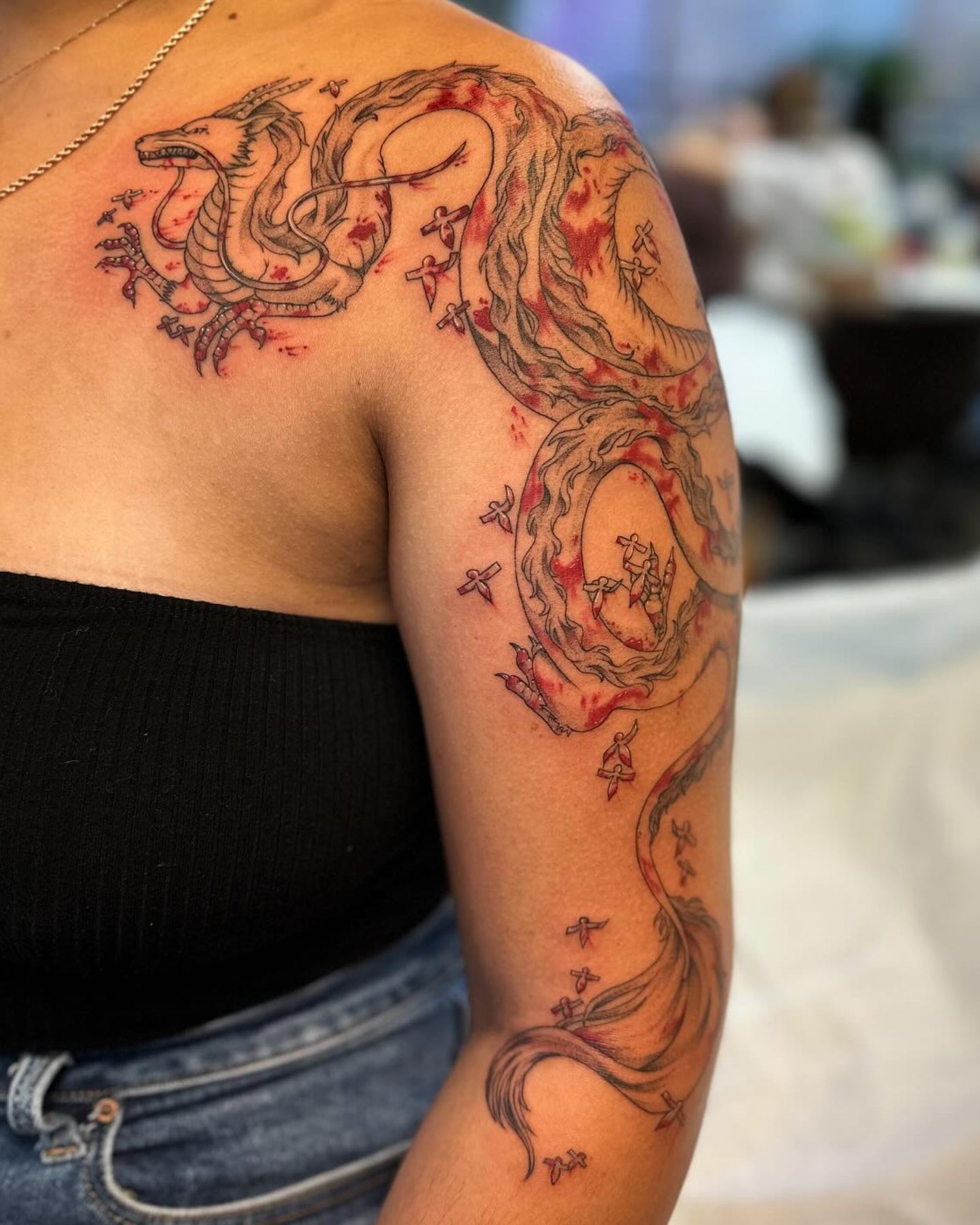 Anime dragon fine-line color tattoo by Hxllcat at Beach Park Tattoo