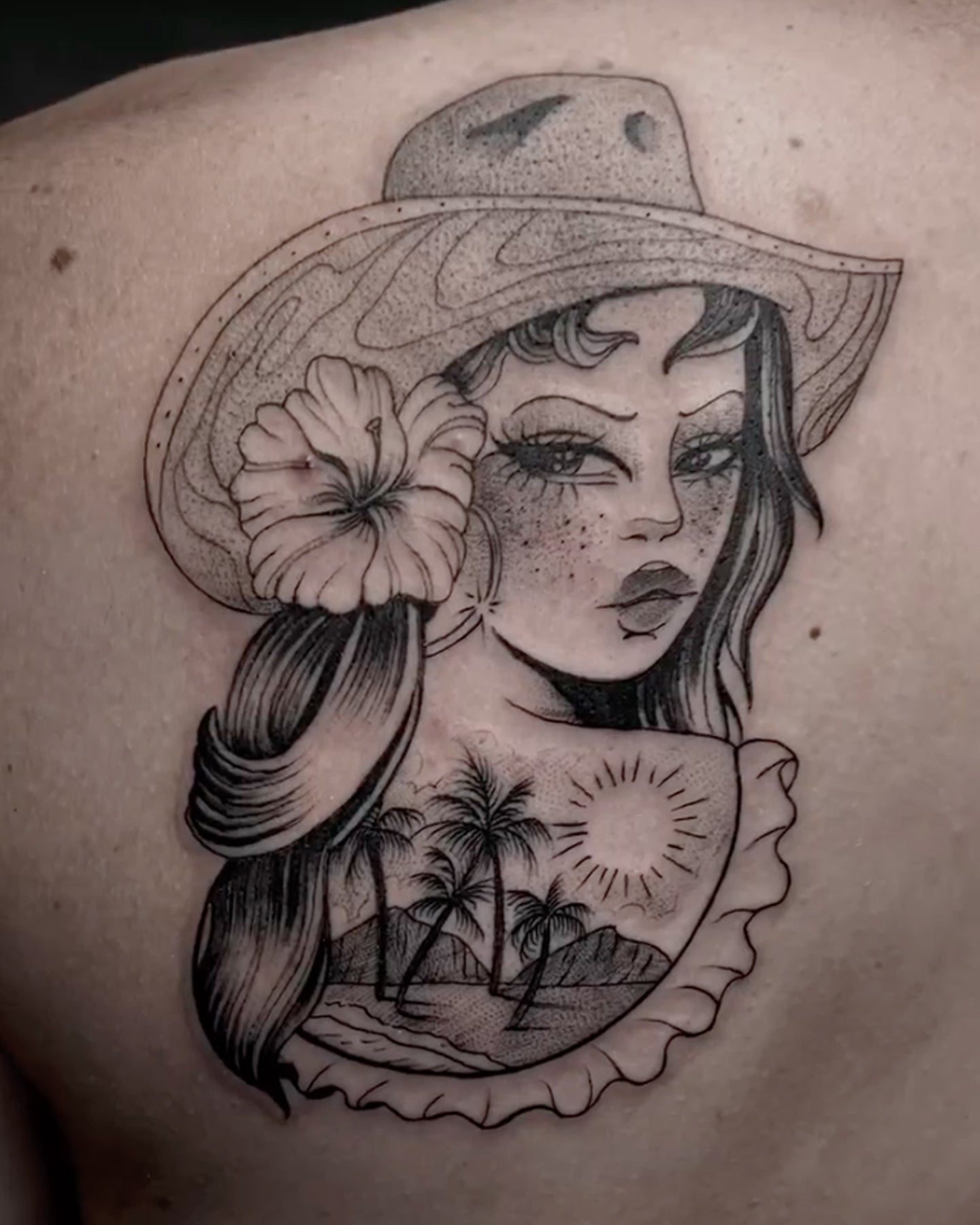 Hawaiian cowgirl paniola back tattoo by Javi at Beach Park Tattoo